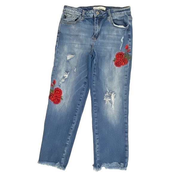 KanCan Cropped Distressed Raw Hem Flowers Women's size 5 Blue Denim Jeans - Picture 1 of 5